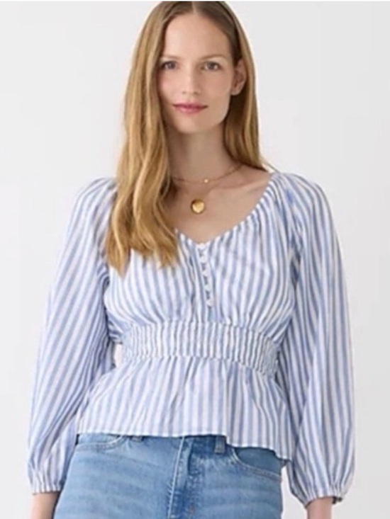 J. Crew Tops - J. Crew Blue and White Striped Smocked Waist Blouse
